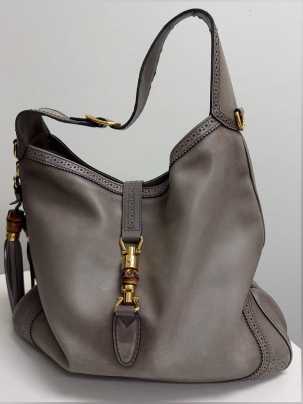 Gucci Taupe Leather Hobo Shoulder Bag with Bamboo Accents